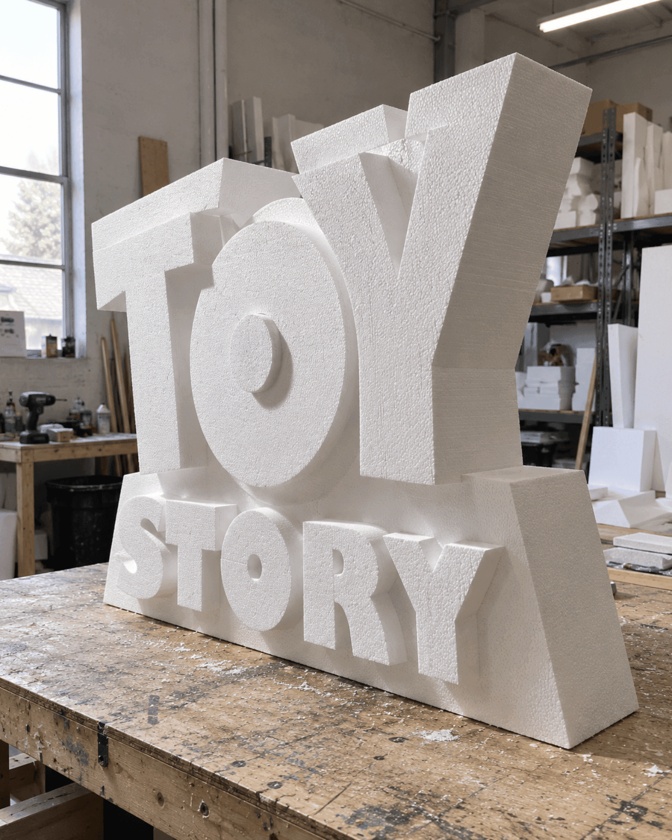 Unfinished white TOY STORY dimensional lettering in the workshop