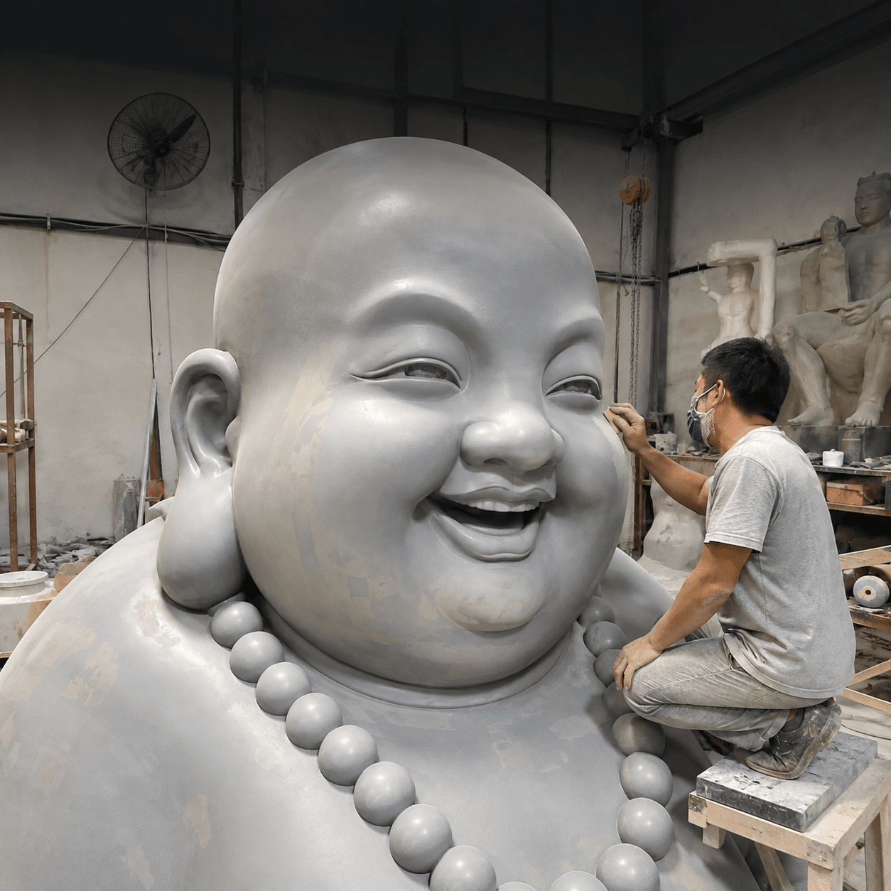 Craftsperson beside a large silver laughing Buddha sculpture in the workshop