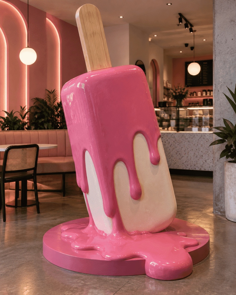 Oversized pink popsicle prop with a melting effect