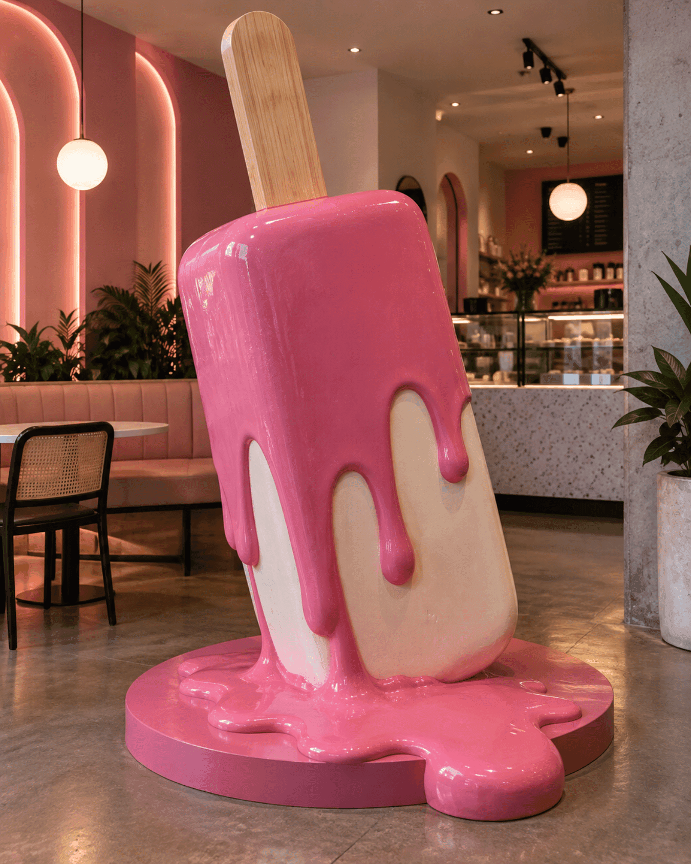 Oversized pink popsicle prop with a melting effect