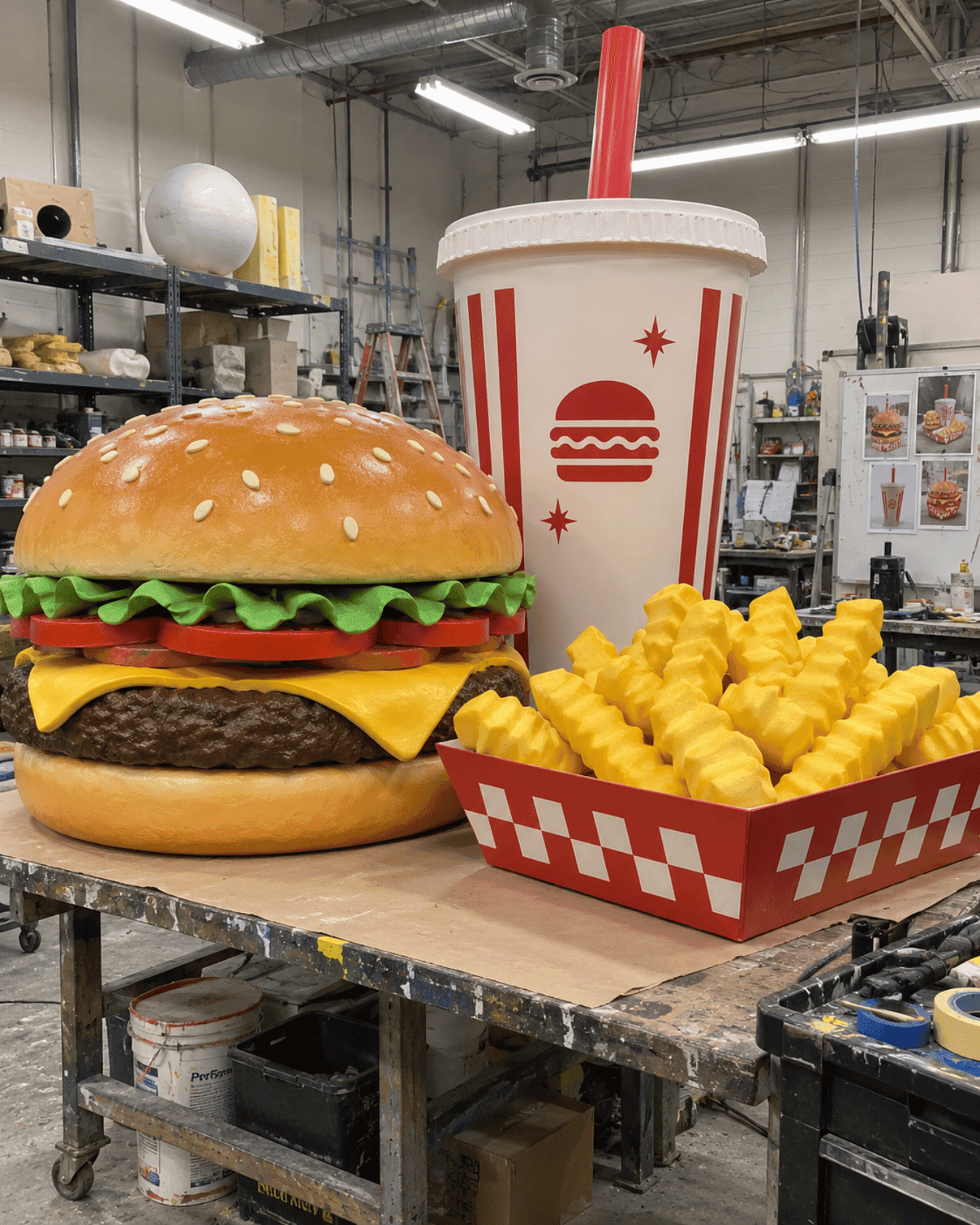 Oversized burger, fries and drink cup replicas in the workshop