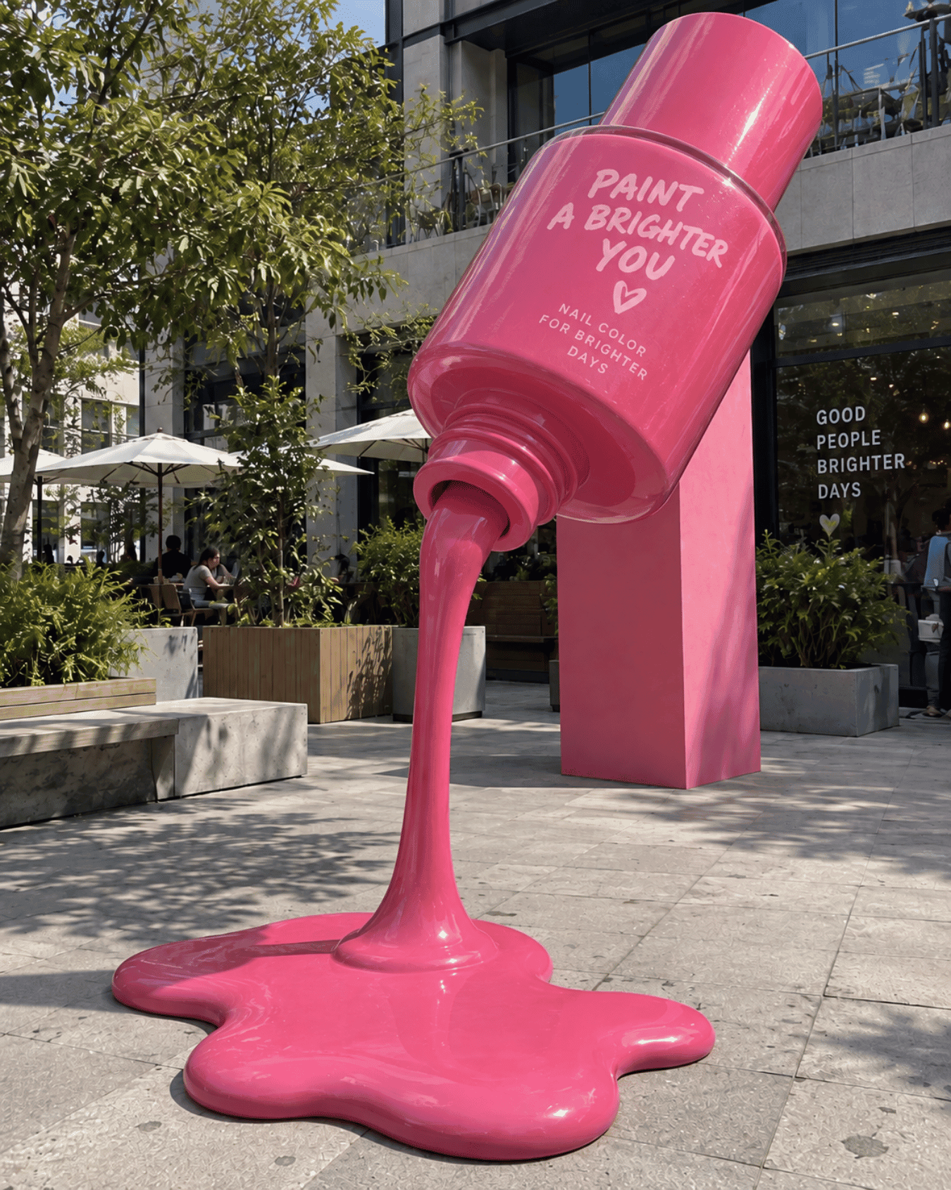 Giant pink nail polish bottle replica with a matching spill-shaped base