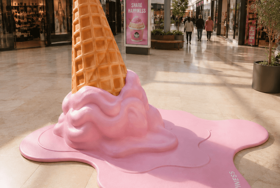 Oversized tipped ice cream cone replica with pink melted ice cream in a shopping center