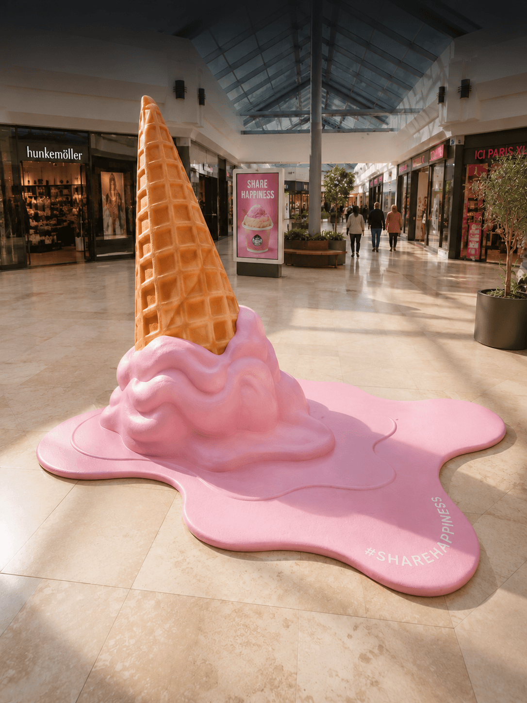 Oversized tipped ice cream cone replica with pink melted ice cream in a shopping center