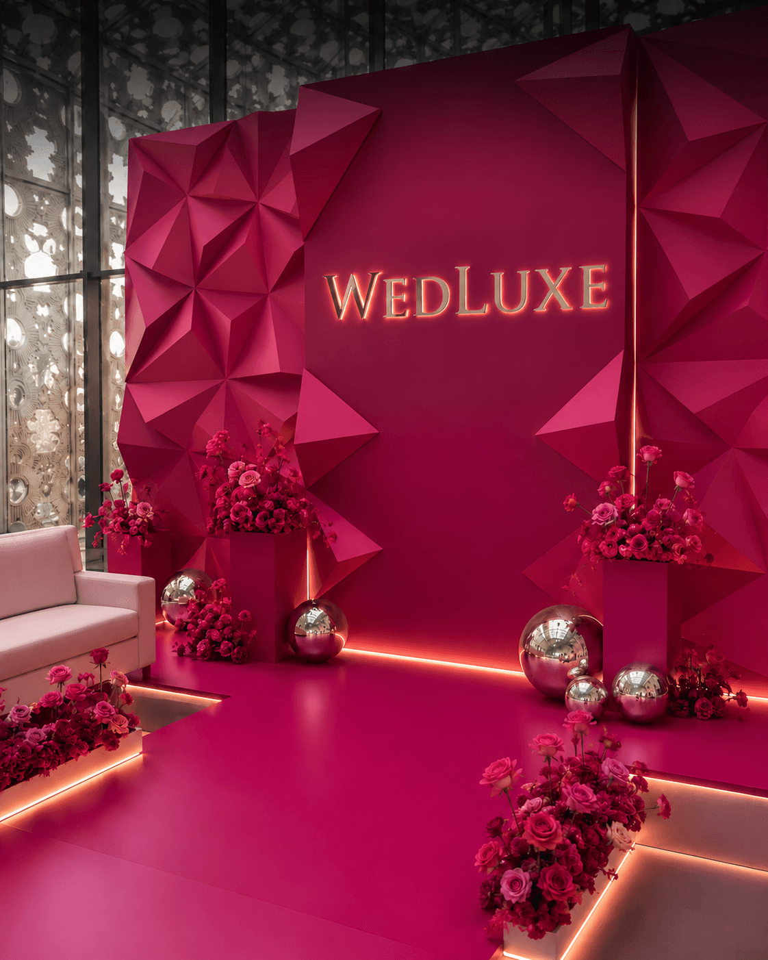 Magenta WEDLUXE backdrop with angular dimensional panels