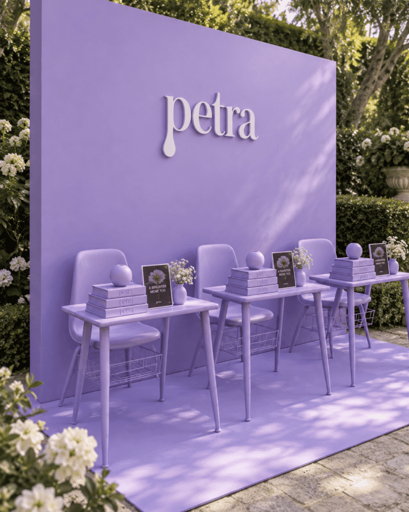 Lavender petra branded wall with recessed product display shelves