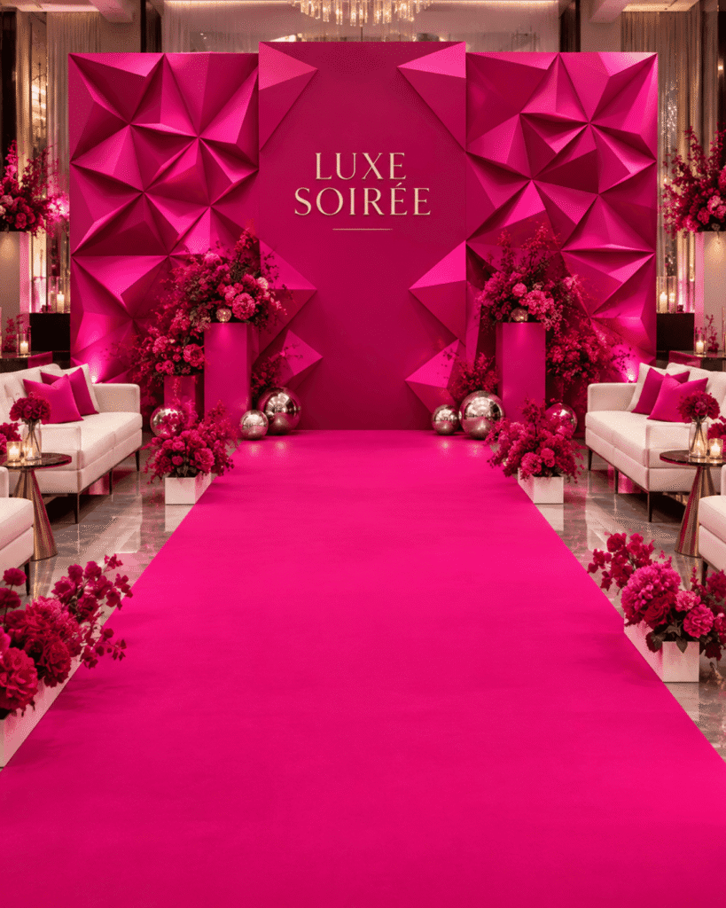 Magenta LUXE SOIREE event backdrop with geometric panels, flowers and a matching aisle