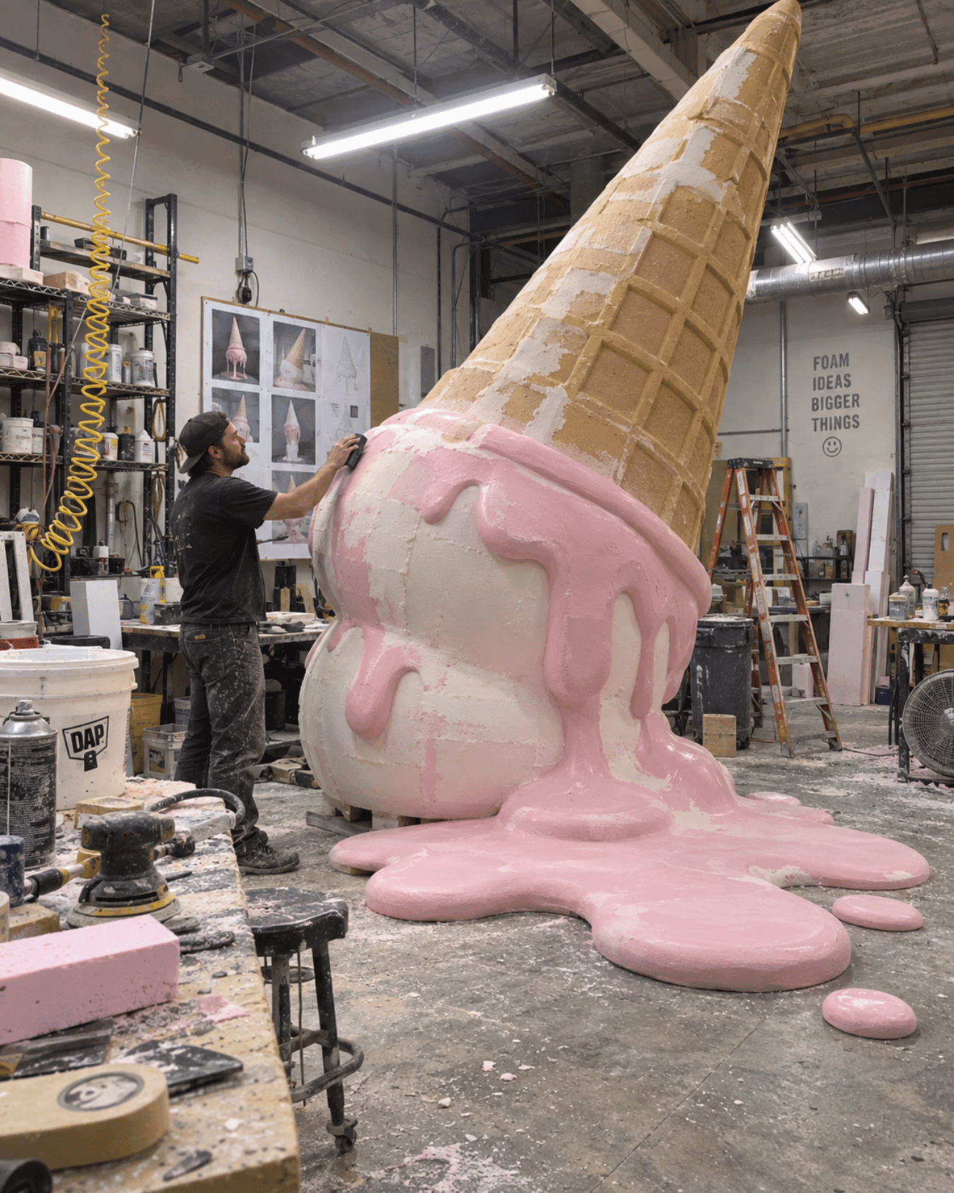 Giant pink ice cream cone sculpture in the fabrication workshop