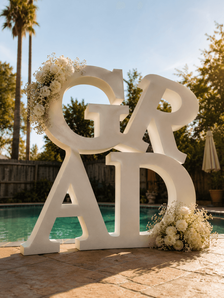 Stacked white GRAD letters with floral arrangements beside a swimming pool