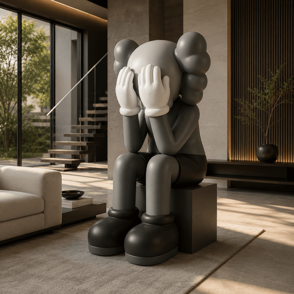 Gray seated character sculpture with both hands covering its face