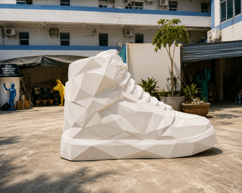 Oversized white high-top sneaker replica with a faceted geometric surface