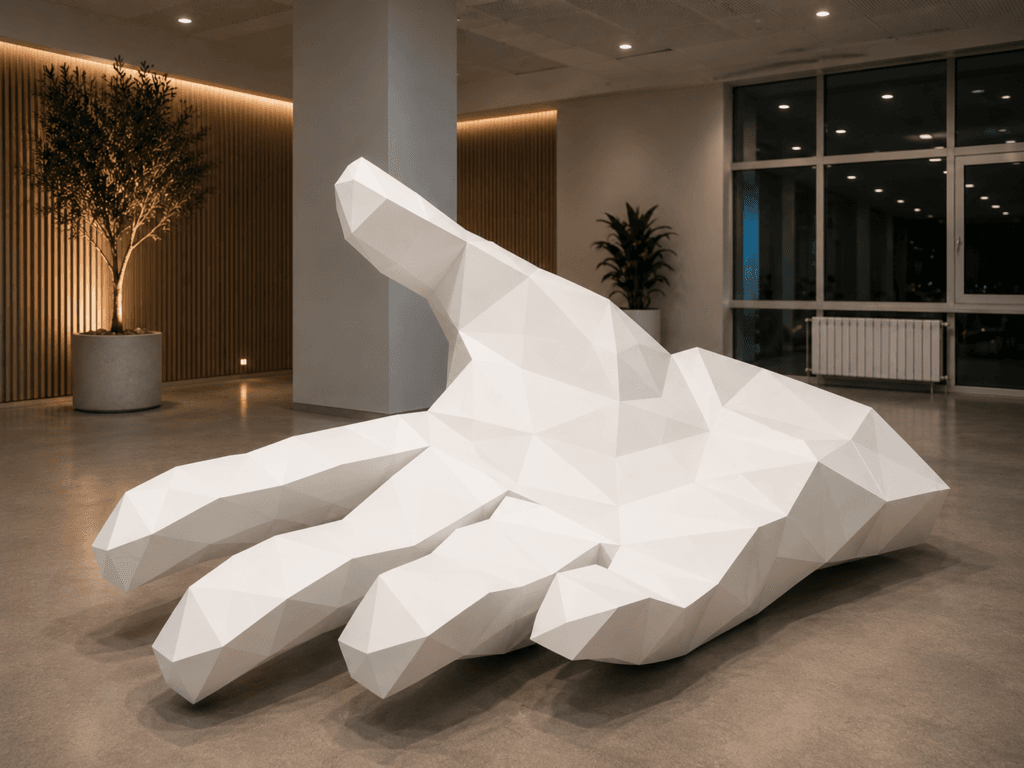 Large white faceted hand sculpture displayed palm-up in an interior