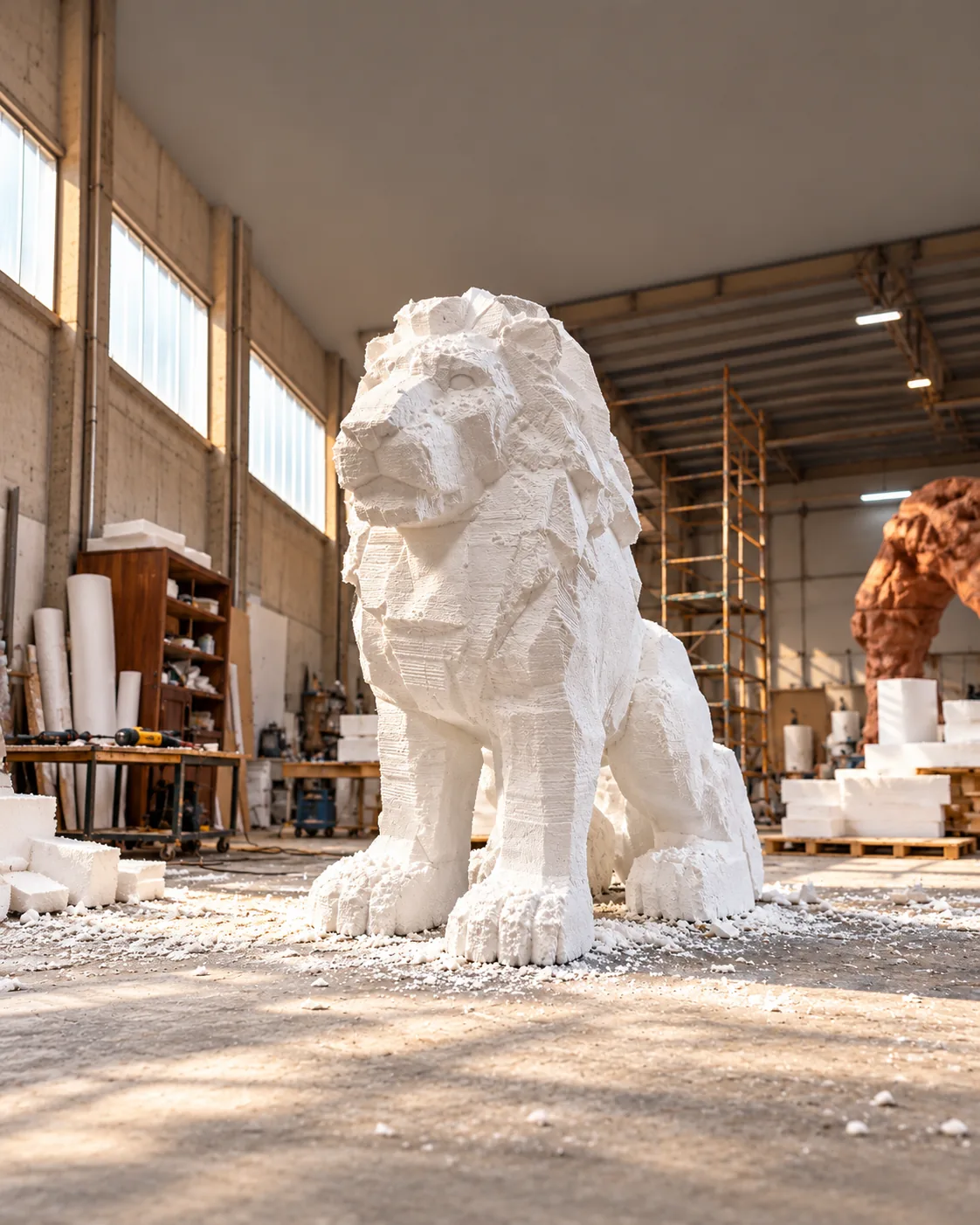 Large white foam lion sculpture being carved in the Vorotan Projects fabrication workshop