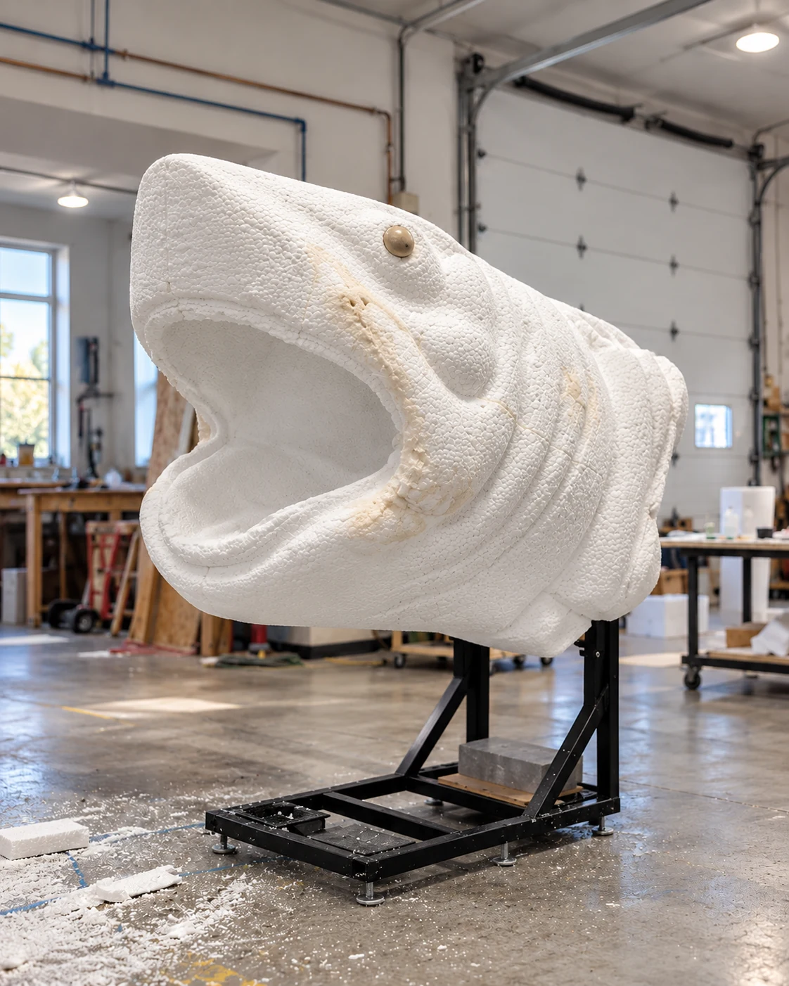 Front three-quarter view of a large white foam shark head sculpture with an open mouth on a black workshop stand