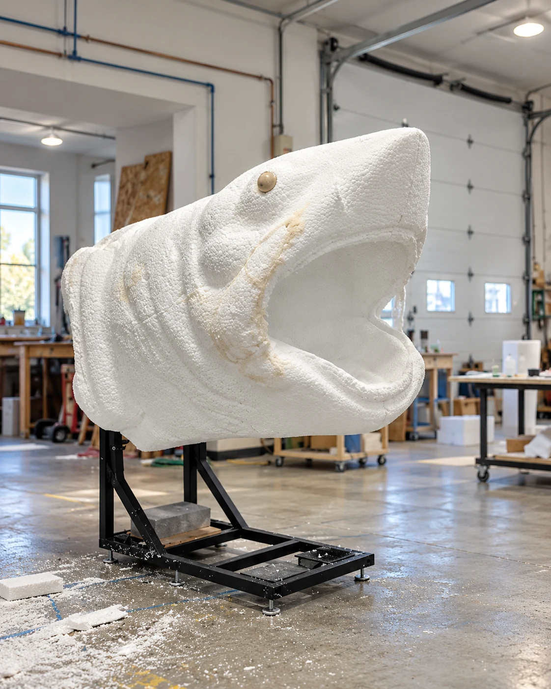 Side view of an oversized white foam shark head with carved gills and an open mouth on a black support frame