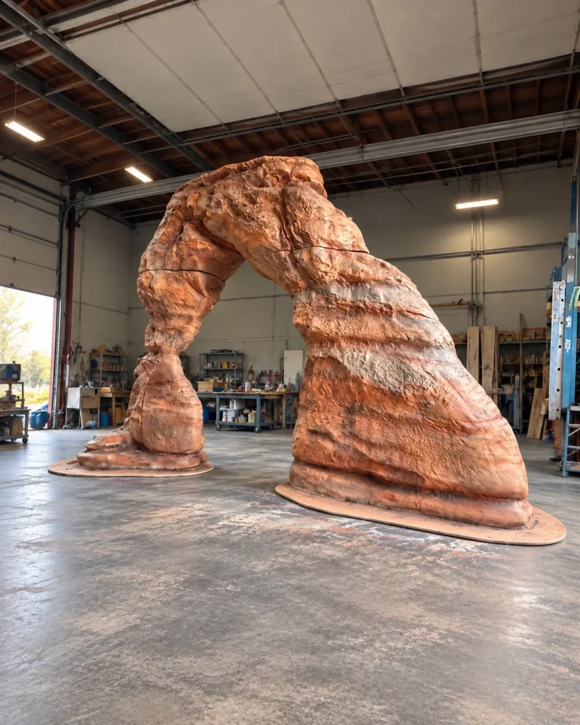 Large scenic foam rock arch with a textured sandstone finish in the fabrication workshop