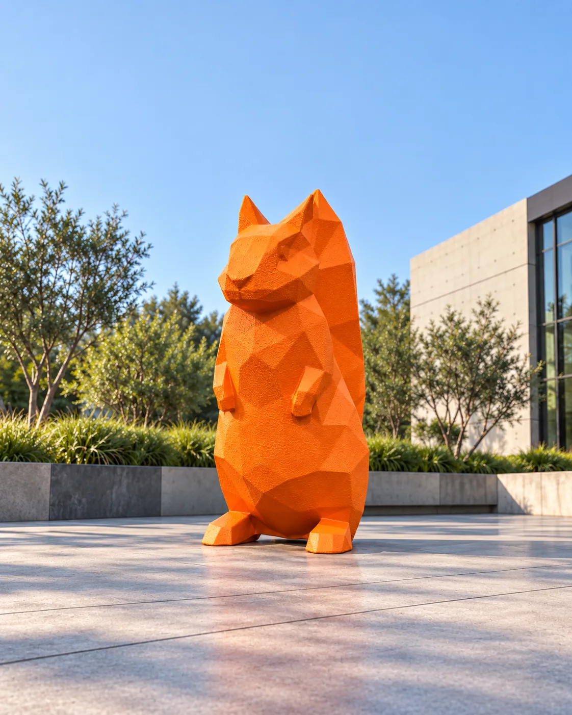 Bright orange geometric foam character sculpture displayed outdoors on a paved plaza