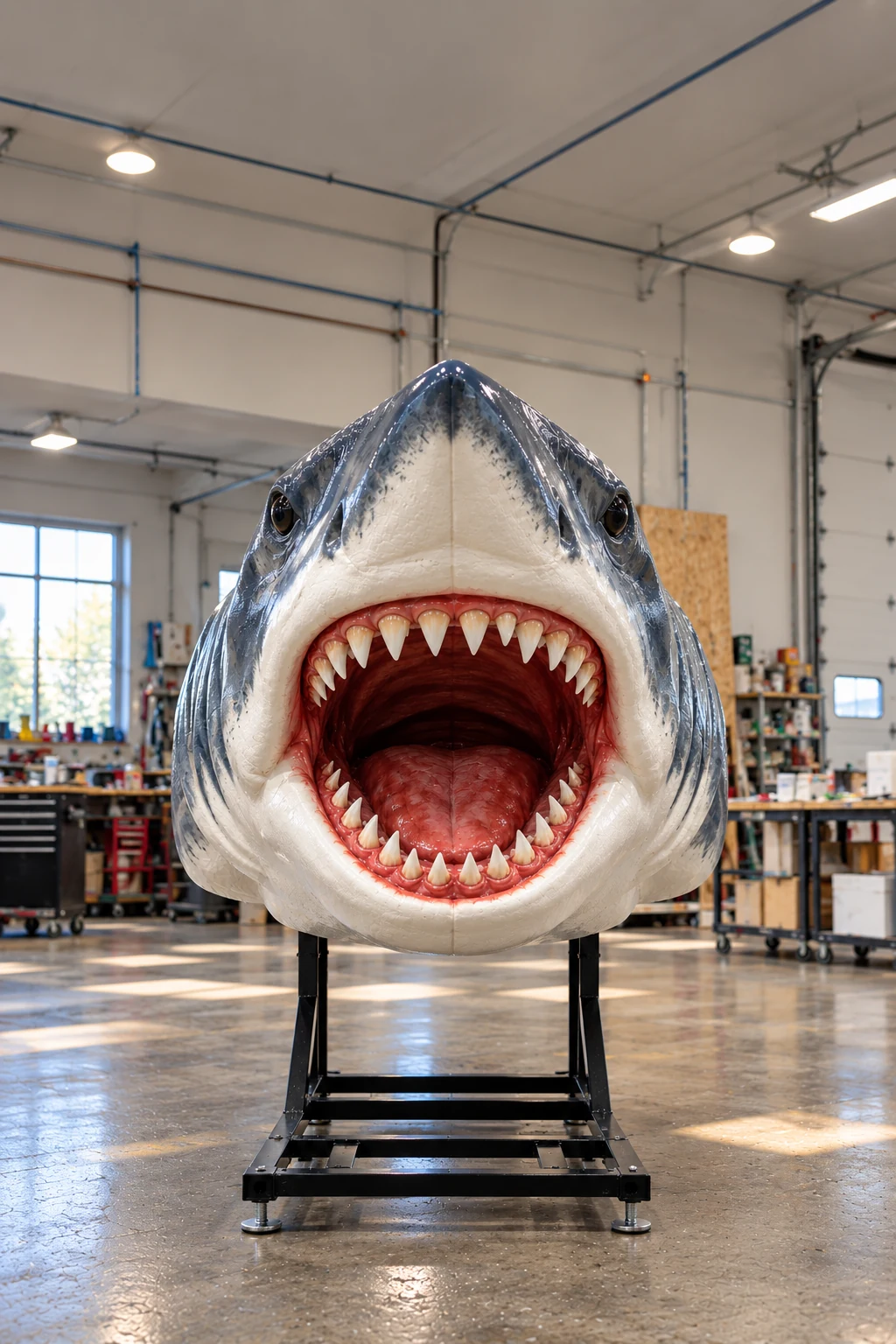 Front view of a painted gray and white shark head sculpture with an open mouth and pointed teeth on a black stand