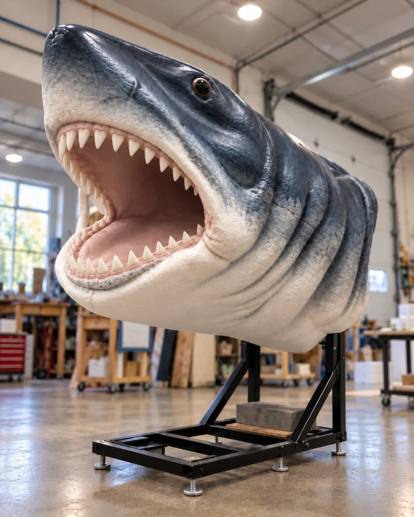 Left-facing view of a gray and white shark sculpture with textured skin, sculpted gills and an open mouth lined with teeth