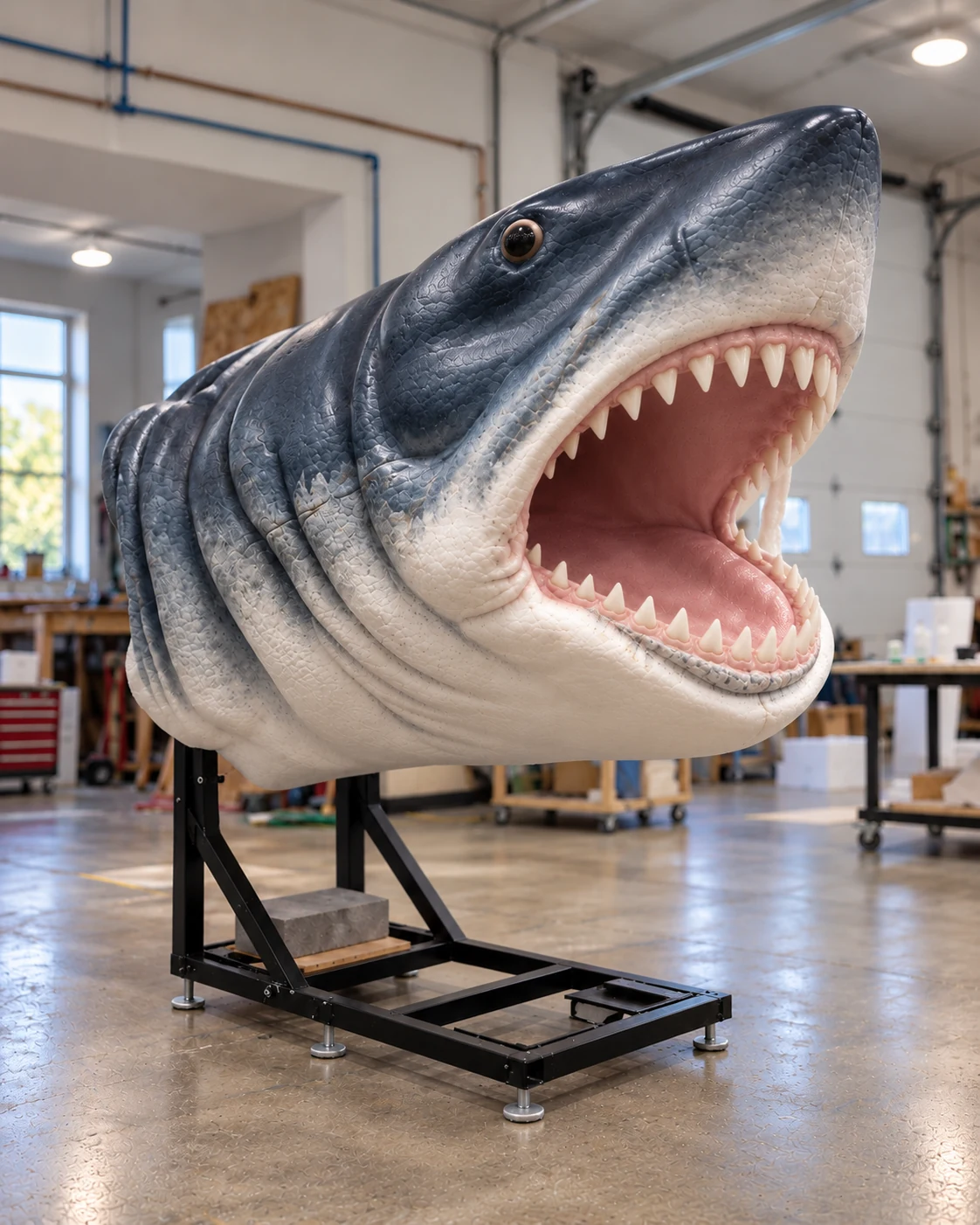 Right-facing view of a painted shark head sculpture with gray textured skin, white jaw and pointed teeth in a workshop